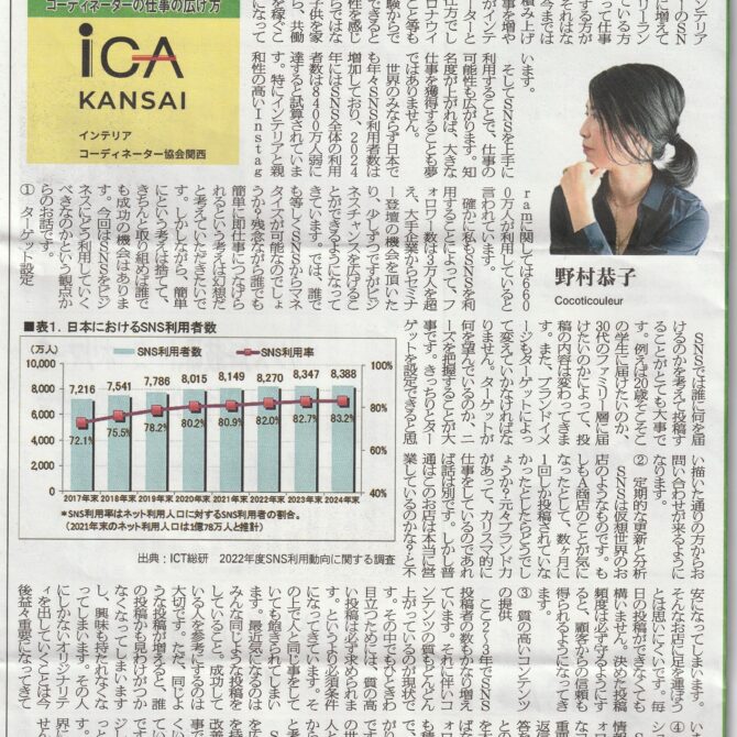 室内装飾新聞掲載…「SNSマーケティング　インテリアコーディネーターの仕事の広げ方」：野村恭子さん